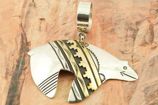 Beautiful Sterling Silver Bear Pendant with 12K Gold Fill Pueblo Design overlay. Free 18